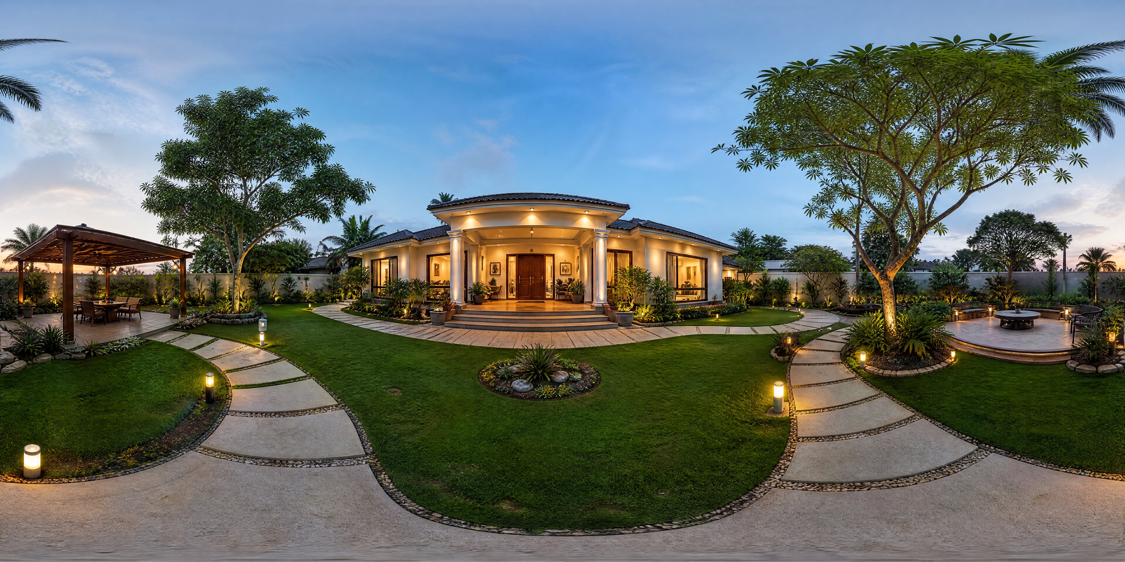 Landscape 360 — villa garden at dusk