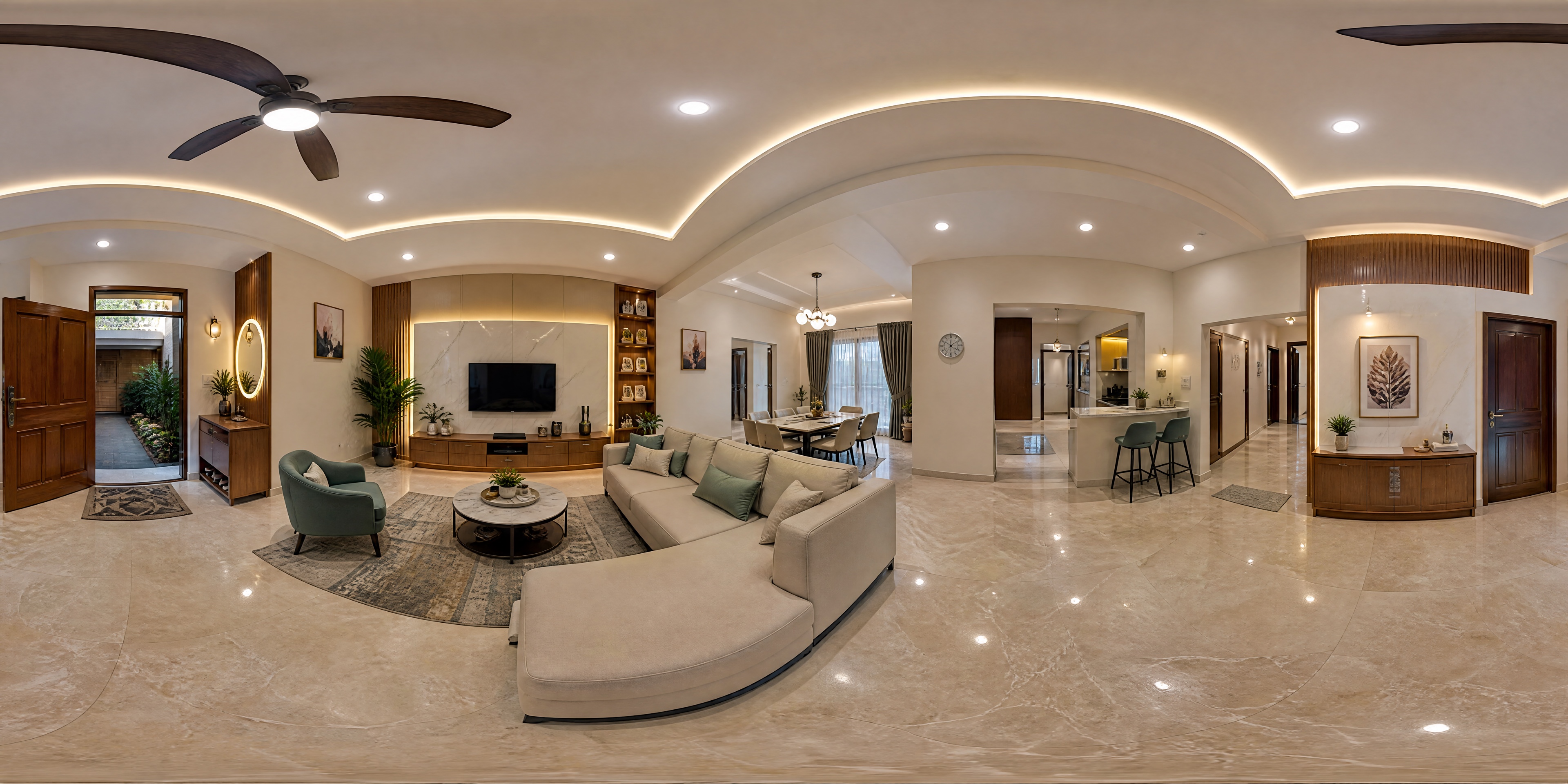 Interior 360 — living, dining, and kitchen suite