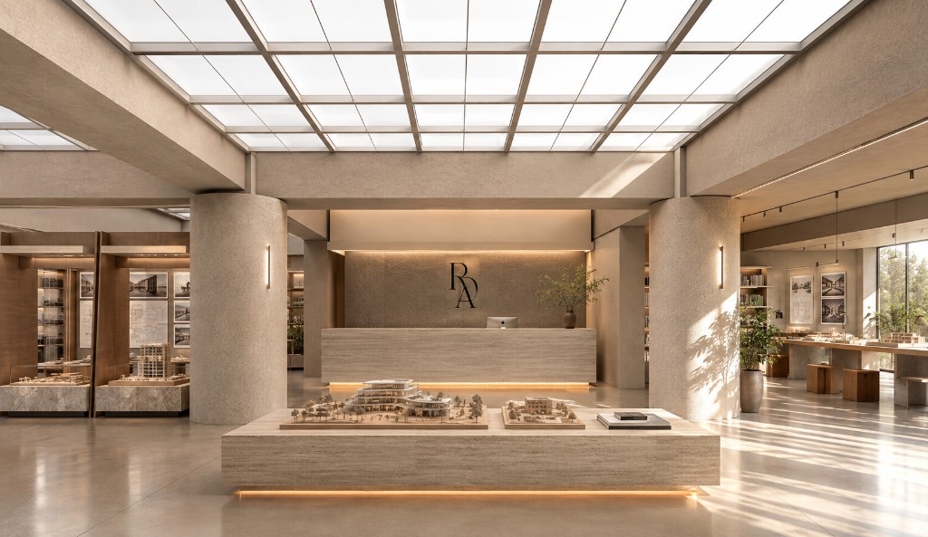 Warm architectural studio lobby with travertine desk, skylight, and RDA monogram on the back wall